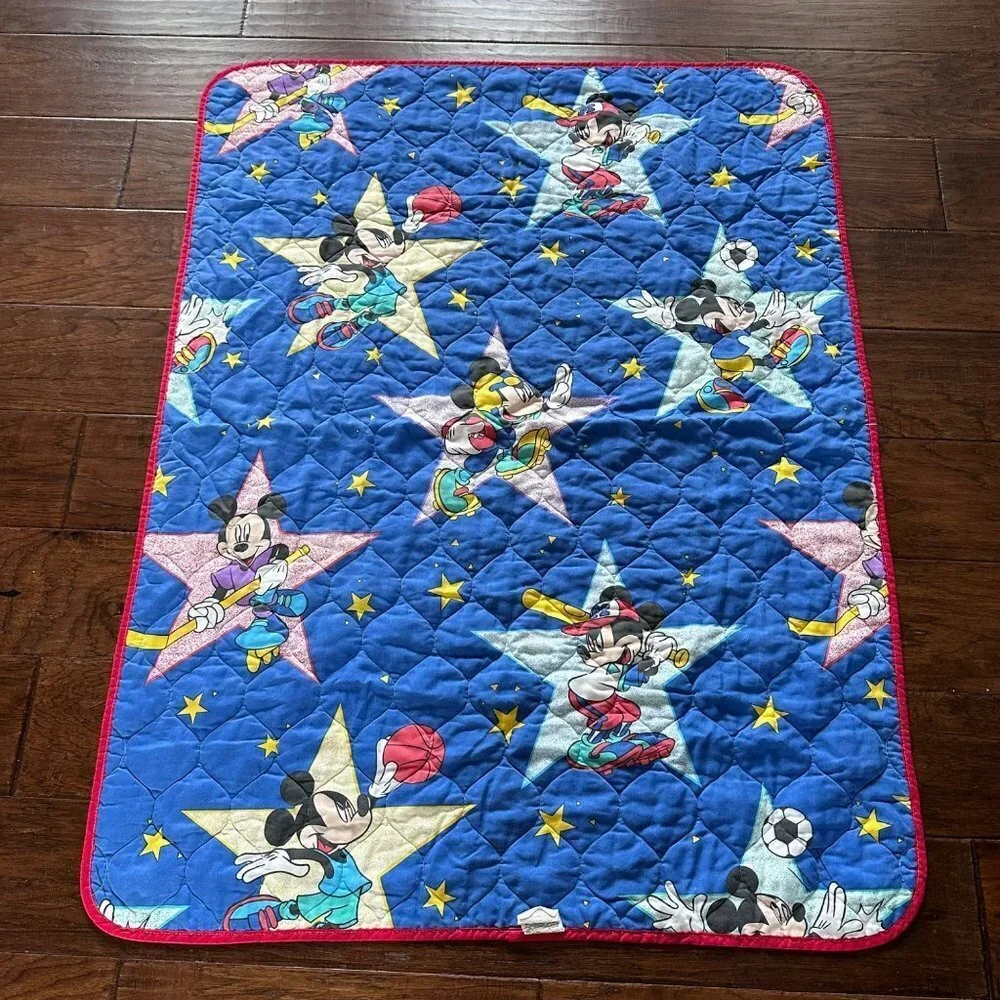 Vintage 80's Disney Quilt Sports Mickey Print 40x54 football basketball soccer b